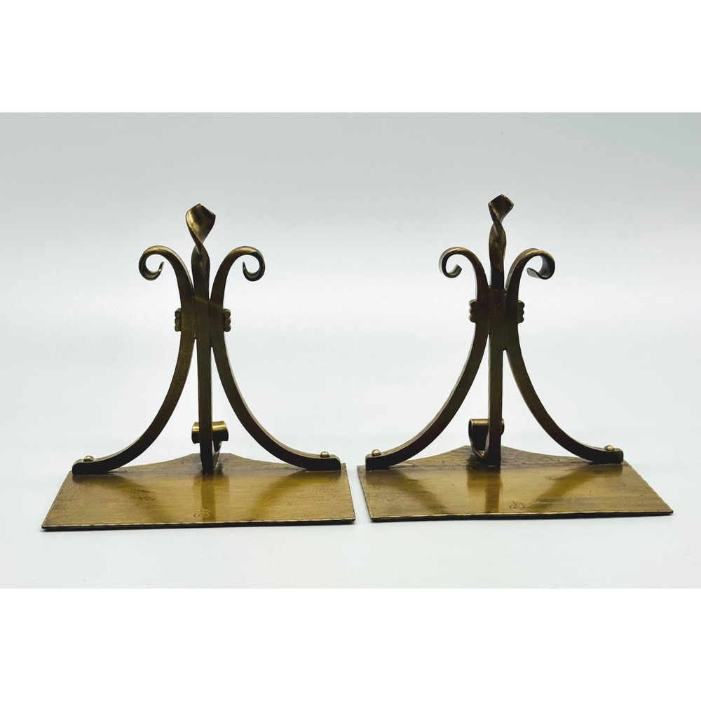 Roycroft Copper Bookends Fleur De Lis Arts and Crafts Hammered Metal Pair c1925